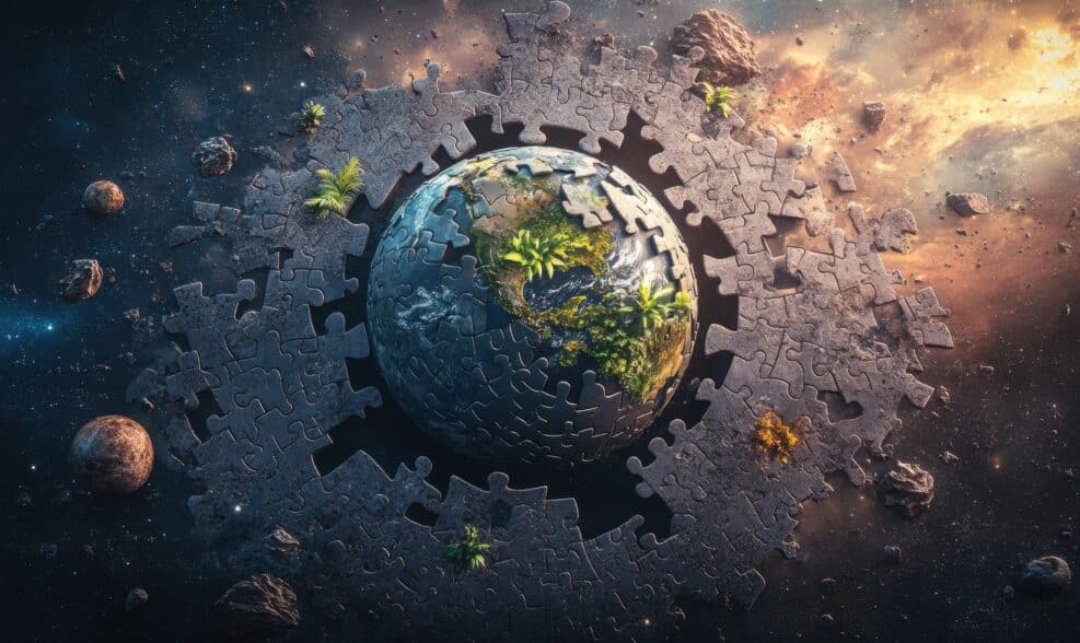 Fragmented Earth puzzle in space; environmental crisis concept; cosmic background; for climate change awareness