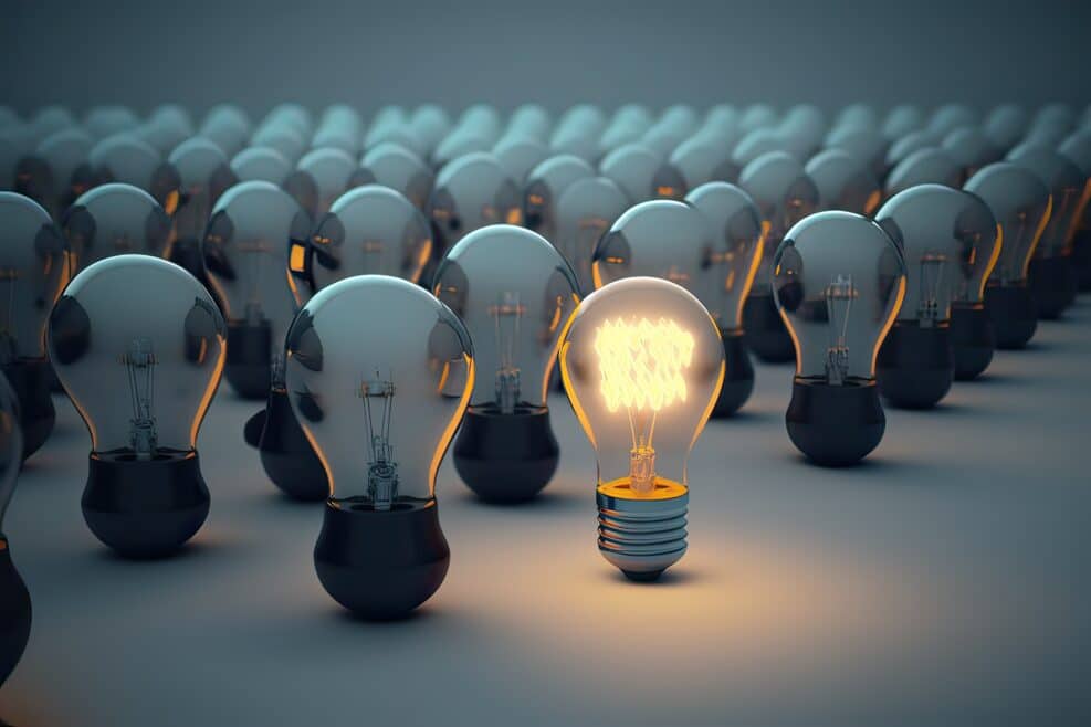 Glowing light bulb stands out. Photo generative AI.