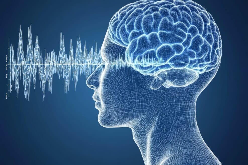 Neurocomputational modeling electrophysiological encoding and signal decoding pathways digital brain emitting wave like signals symbolizing thought processing and neural data transmission