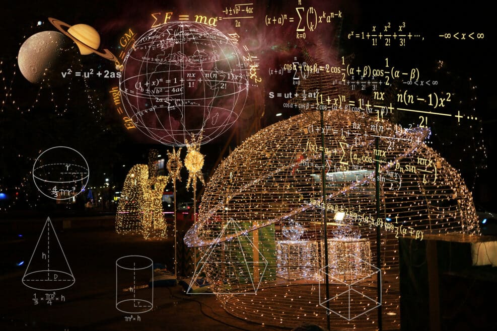 Physics or mathematical equations on a universe decorative LED background give the impression of interstellar space travel.