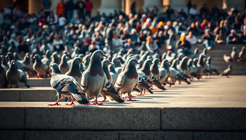 Urban Pigeons: A Sunlit Gathering in City Steps