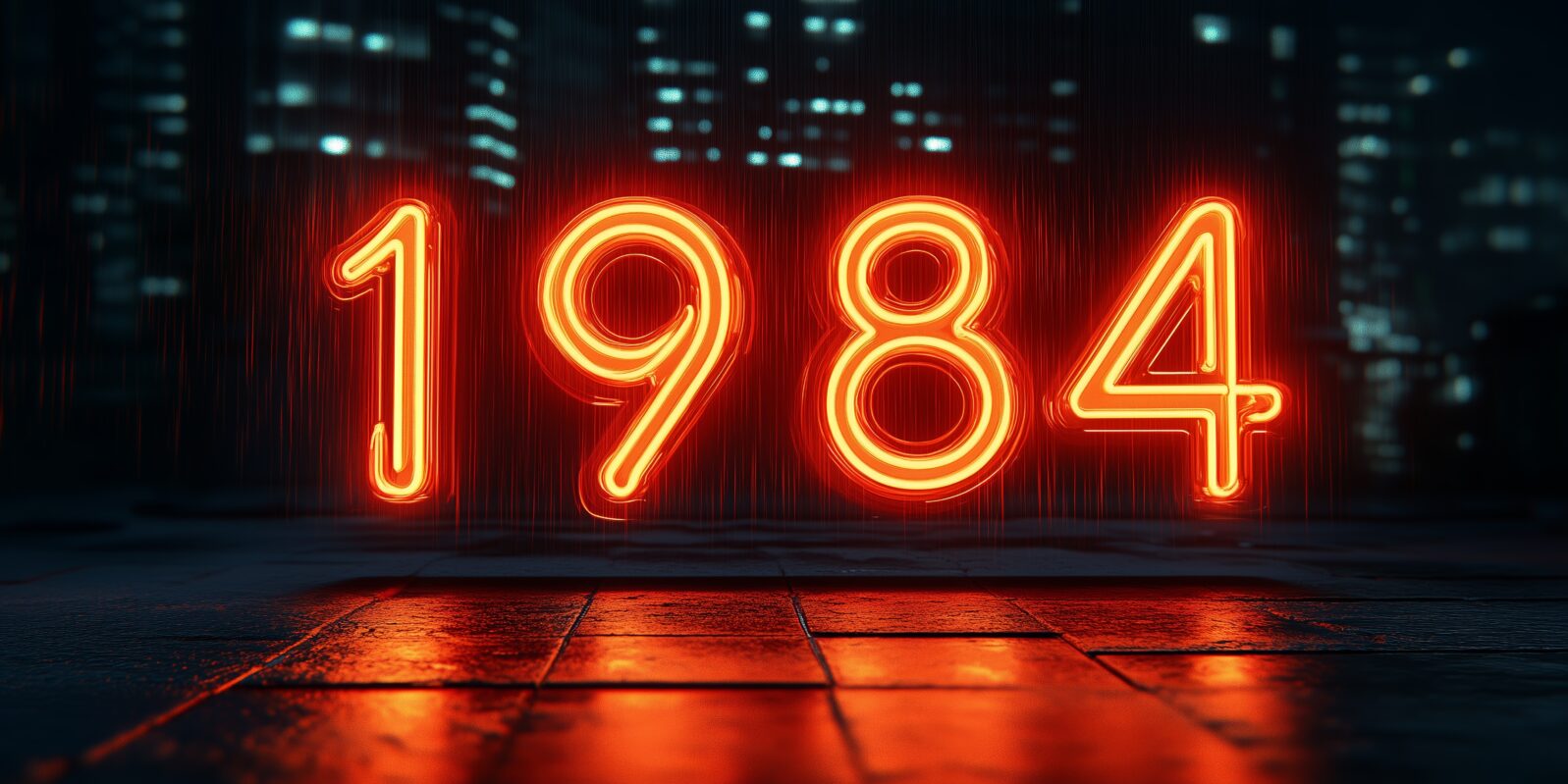 1984 Neon Lights: Bright Orange Sign in Urban Night Setting