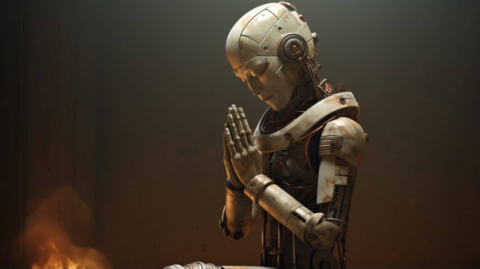 A conceptual artwork showcasing a robot in prayer, symbolizing faith, spirituality, and worship in a dark room with fire in the background.