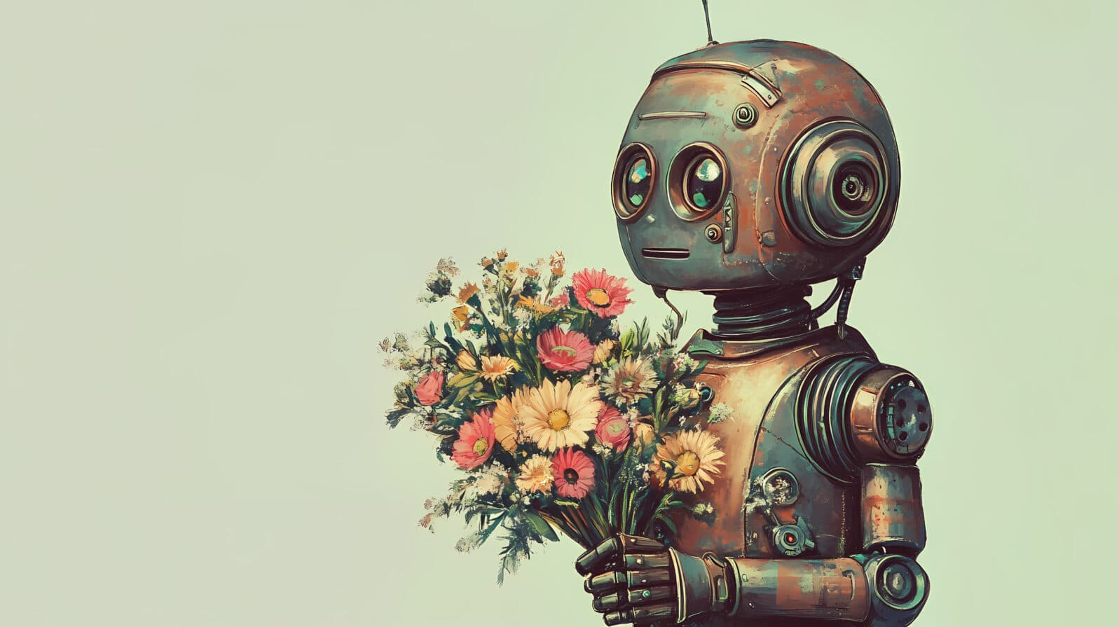 A cute vintage robot holding a bouquet of flowers. steampunk illustration. illustration. Vintage Robot. Illustration