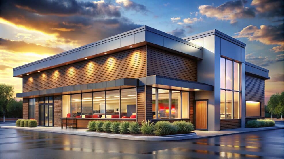 A futuristic fast food joint stands tall, its walls of gleaming metal and glass illuminated by a dazzling