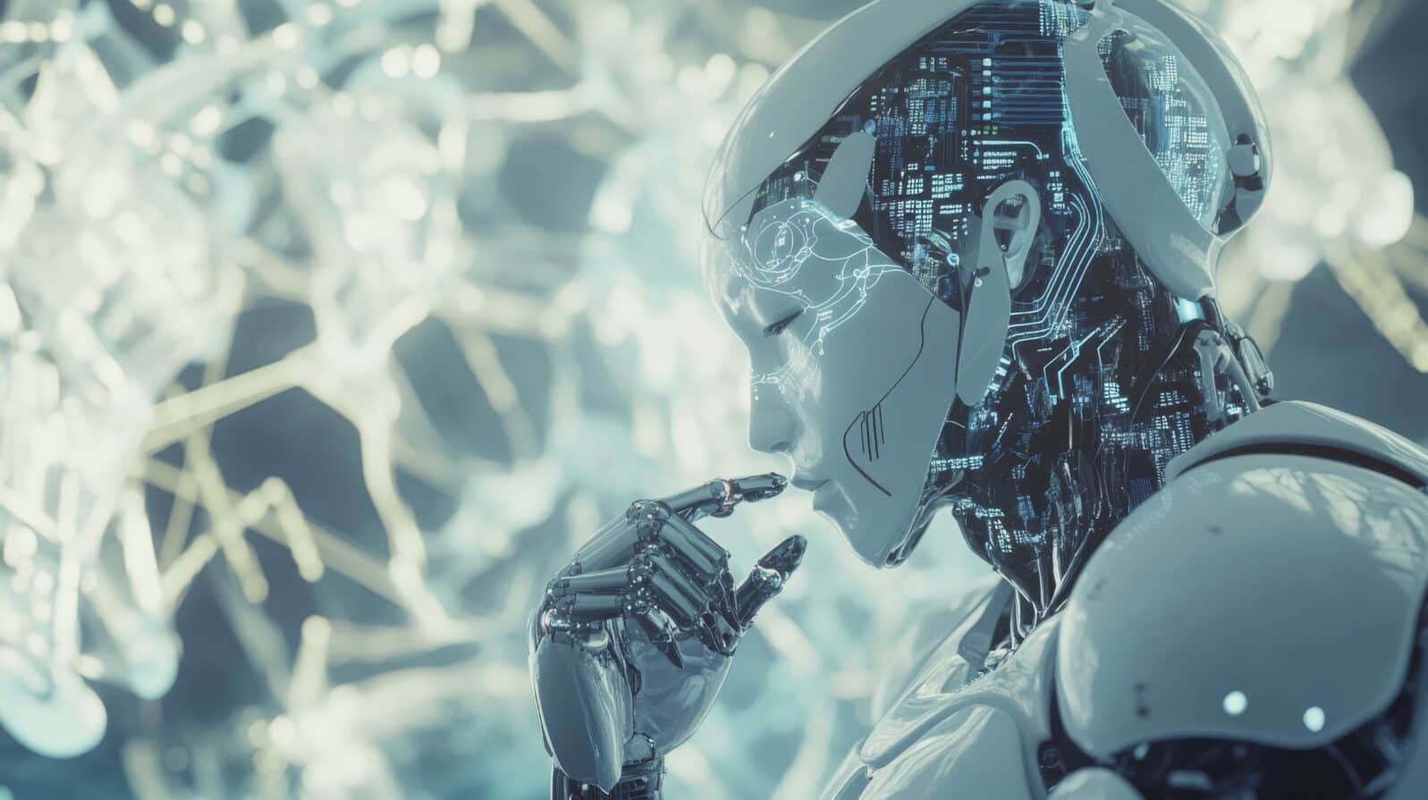 A humanoid robot philosopher contemplating the nature of consciousness in a virtual reality chamber, abstract digital environment with neural networks and philosophical texts, Innovative style