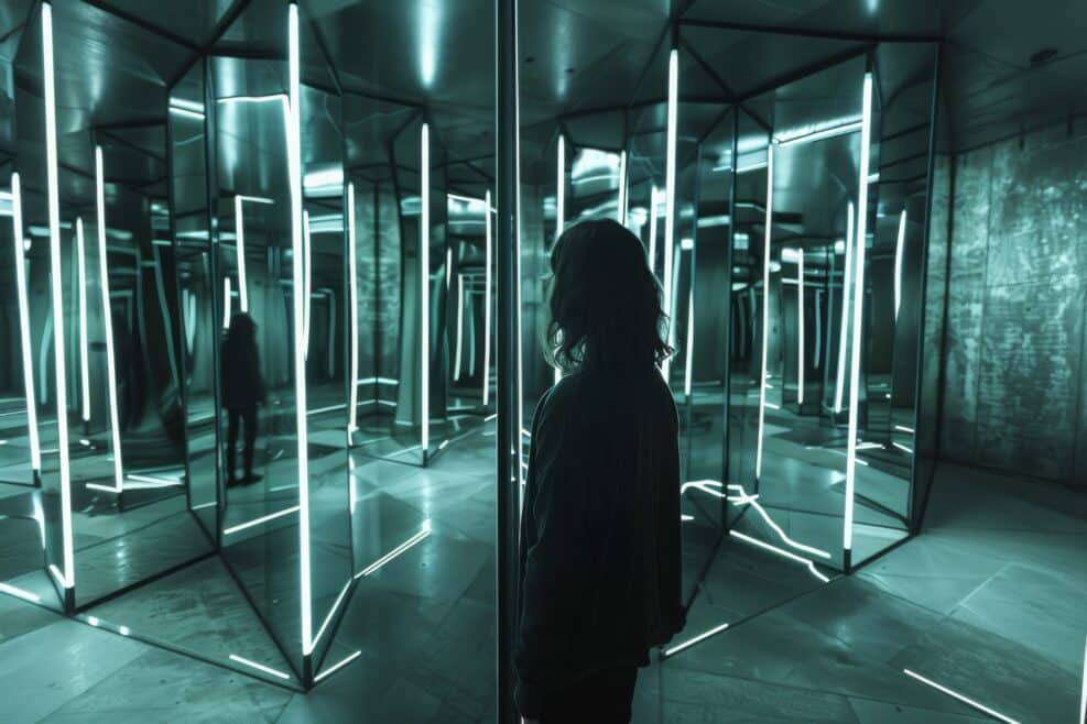 A woman stands contemplative in a futuristic mirror maze, surrounded by reflections and green neon lights.