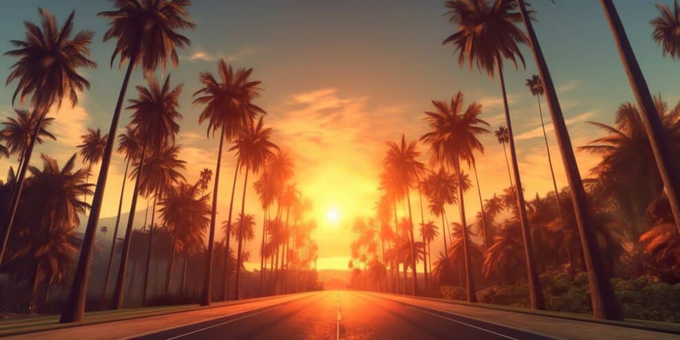 AI Generated. AI Generative. Amrican miami california road trip with palms. Adventure travel vacation vibe. Graphic Art