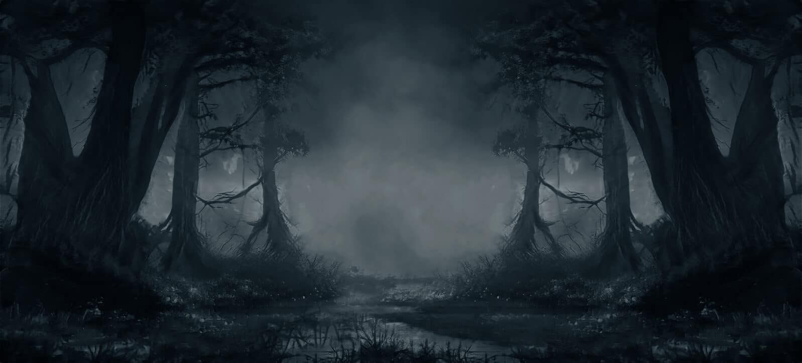 Dark fantasy forest. River in the forest with stones on the shore. Moonlight, night forest landscape. Smoke, smog, fog. Bridge over river. Fantasy landscape. 3D illustration.