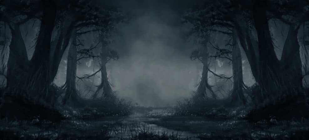 Dark fantasy forest. River in the forest with stones on the shore. Moonlight, night forest landscape. Smoke, smog, fog. Bridge over river. Fantasy landscape. 3D illustration.