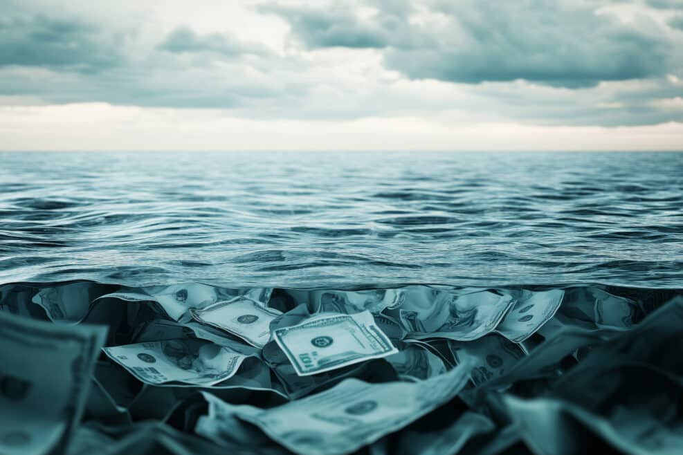 Drowning in debt as bank crises loom over an ocean of currency beneath stormy skies