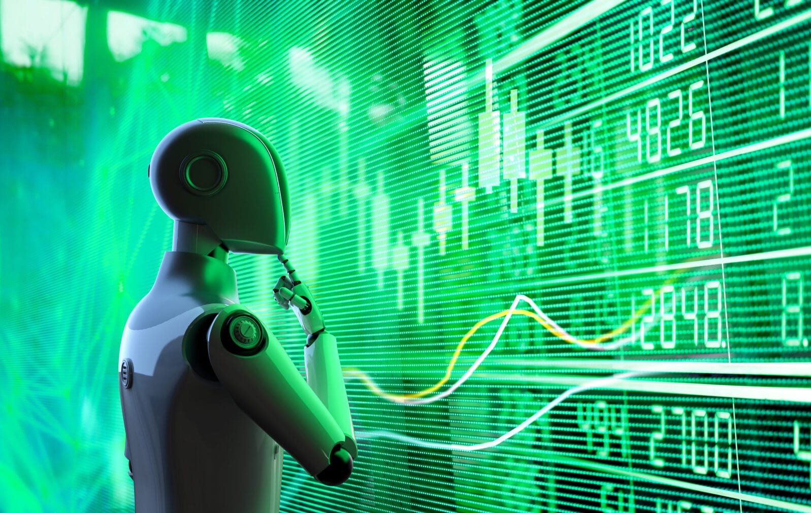 Financial technology concept with humanoid robot analyze stock market