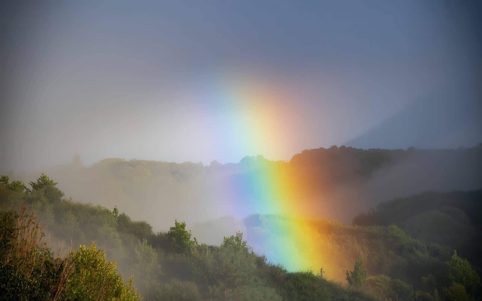 Fogbow over misty green hills at sunrise rainbow dawn