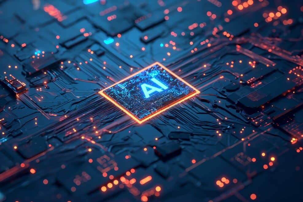 Futuristic and conceptual image representing smart integration, featuring the letters 'AI' stylized in a high-tech font, surrounded by intricate circuit connections, advanced artificial intelligence