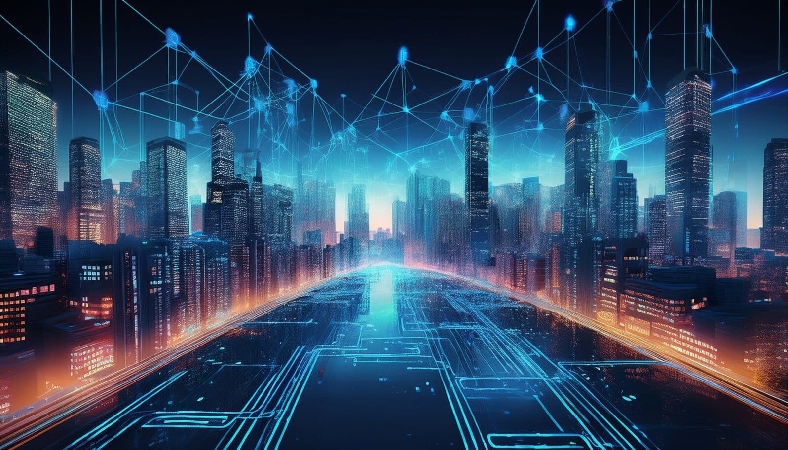 futuristic cityscape with blockchain and ai data networks connecting buildings