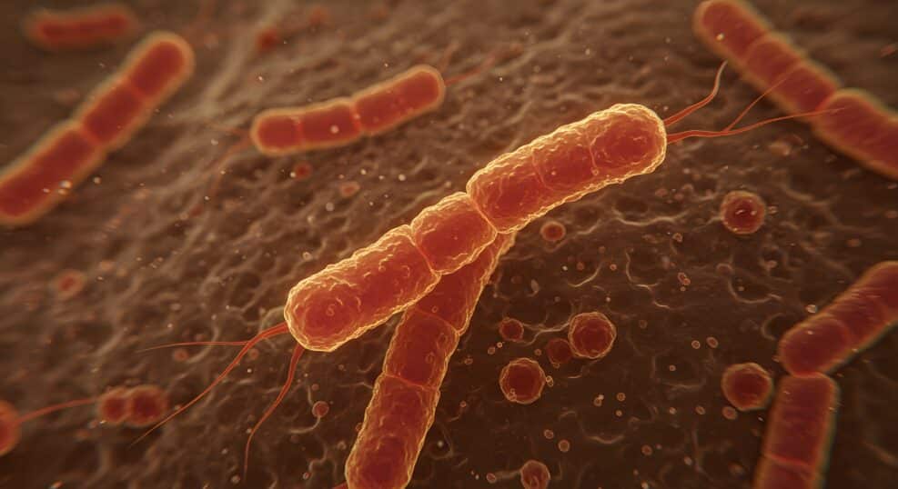 Microscopic View of Bacteria Cells with Flagella on Organic Surface