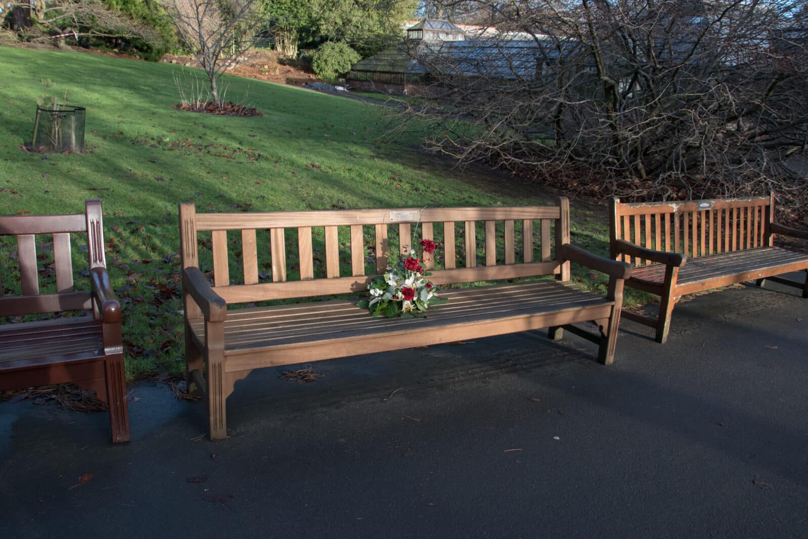 Park benches with flowers