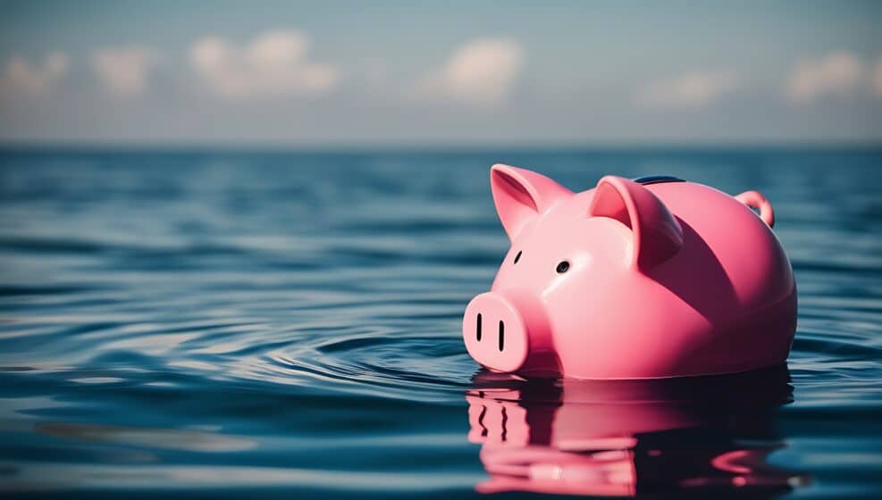 pink piggy bank floats on water drowning about to sink concept of investment failure budget issue financial risk debt problem bankruptcy economy crisis.stock photo, created with generative ai