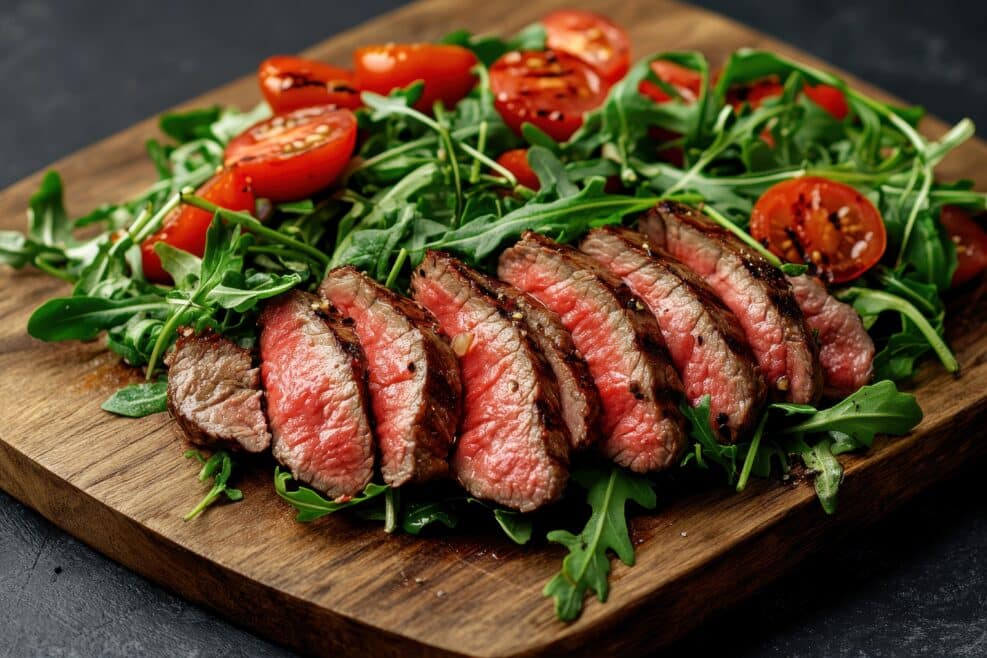 Sliced grilled striploin steak with tomato and arugula salad on a dark cutting board