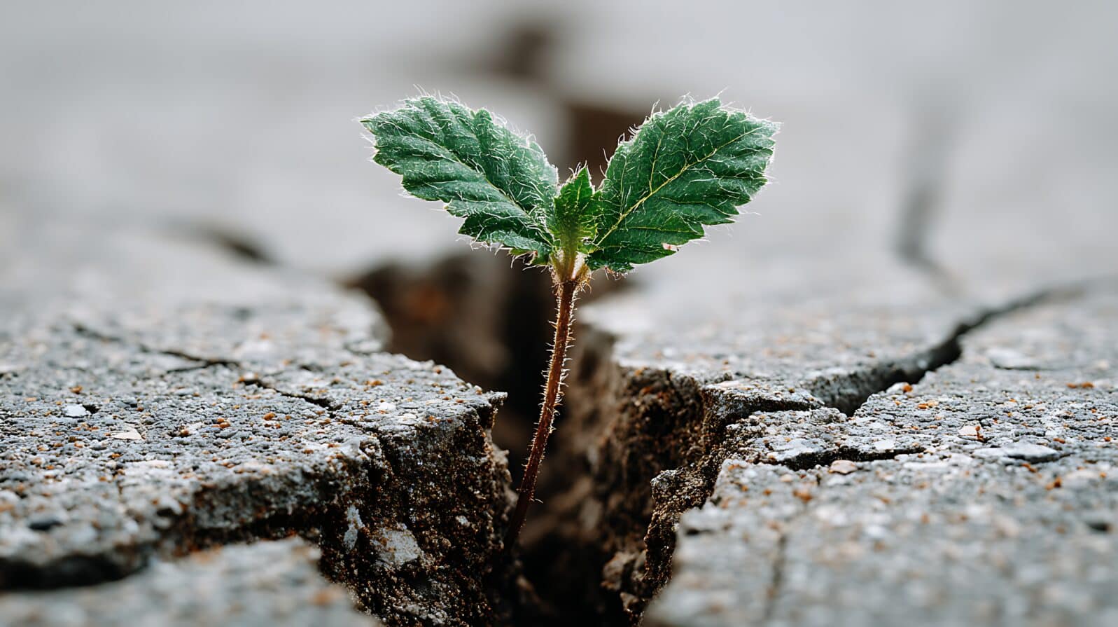 Small green sprout breaking through cracked concrete in a neutral urban setting, representing resilience, hope, determination, and new beginnings against harsh adversity and environmental contrast.