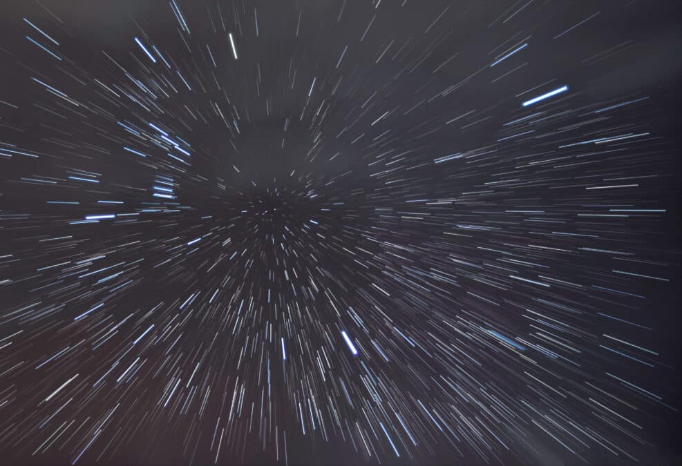 Stars explosion galaxy, night stars trails sky. Night landscape in long exposure. Deep magnetic hypnotic extreme sky with magic lightning view, abstract cosmos universe style