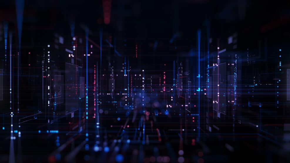 Technology Digital Data Abstract Background, Data Analysis and Access to Digital Data, Digital Cyberspace with Particles and Digital Data Network Connections, 3D Rendering