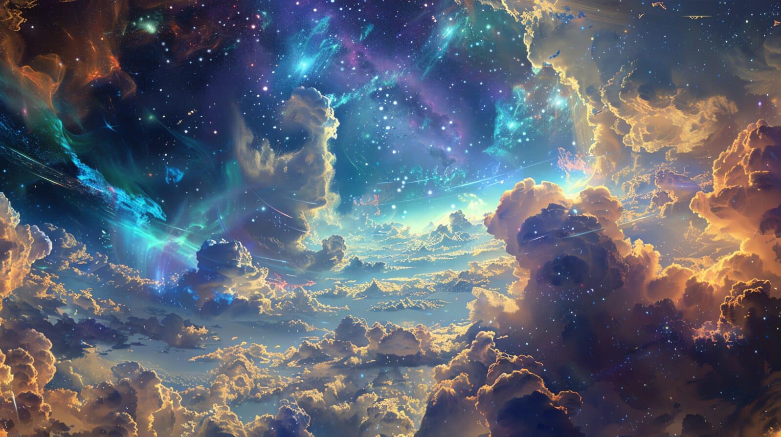 The image is a beautiful depiction of a starry night sky. The clouds are soft and fluffy, and the stars are bright and numerous.