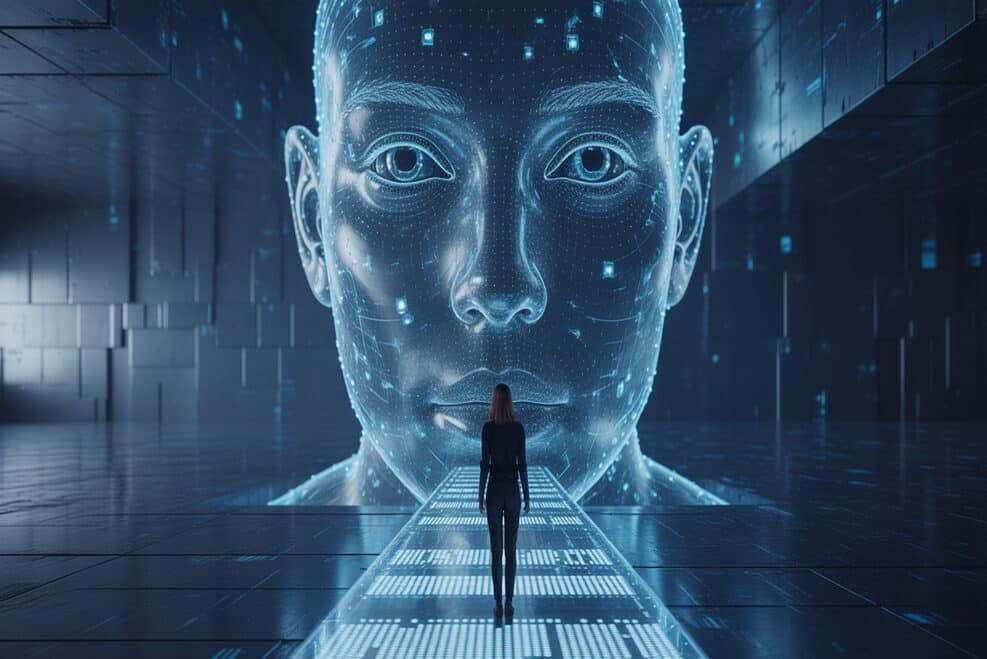 Woman approaches giant digital face futuristic technology