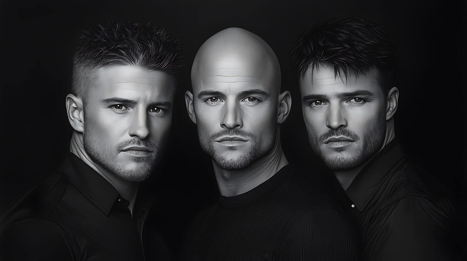 A breathtaking monochrome hand-drawn artwork of three men, the bald man with intense eyes, identical twin brothers with structured jawlines and medium black hair, intricately layered ink work,