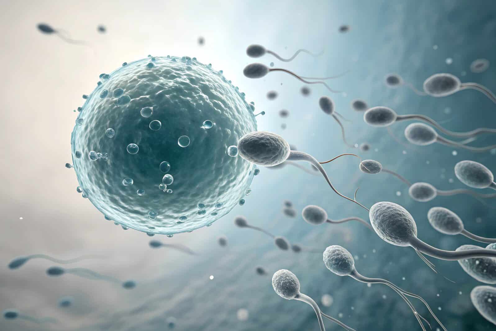 A close-up view of a human egg cell surrounded by sperm cells, illustrating fertilization.