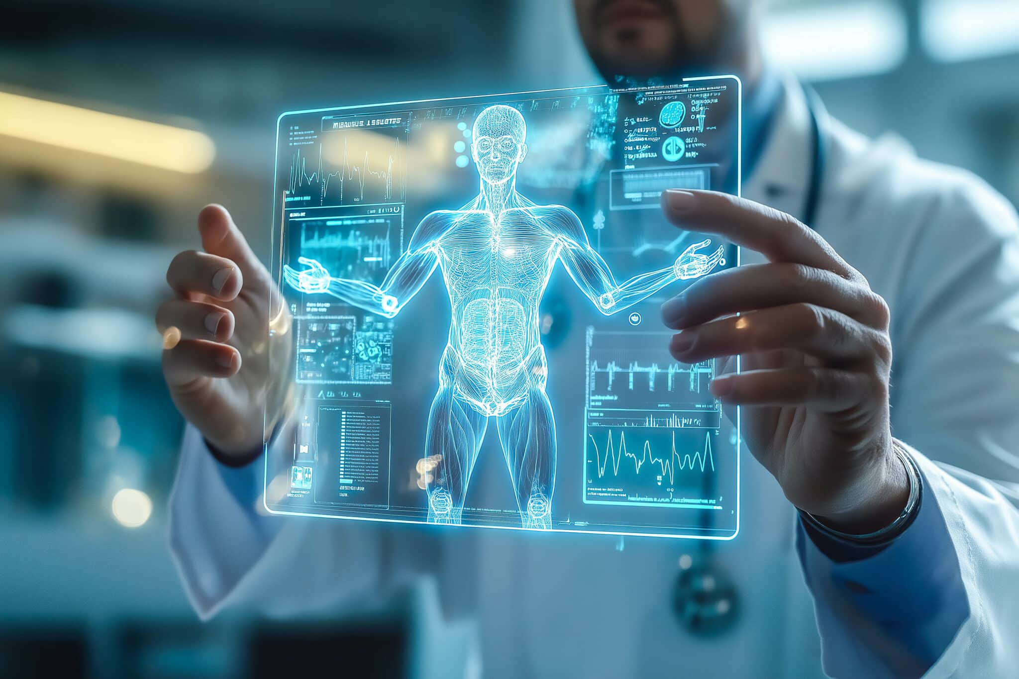 A doctor carefully examines a virtual x-ray projection with focused attention. The integration of advanced technology in medical diagnostics. Generative AI.