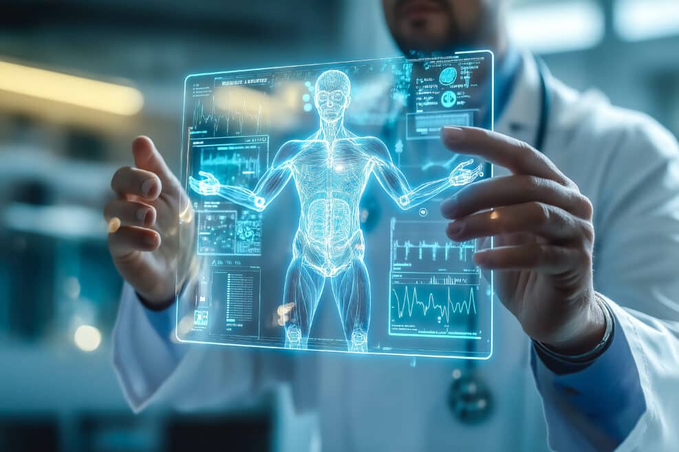 A doctor carefully examines a virtual x-ray projection with focused attention. The integration of advanced technology in medical diagnostics. Generative AI.