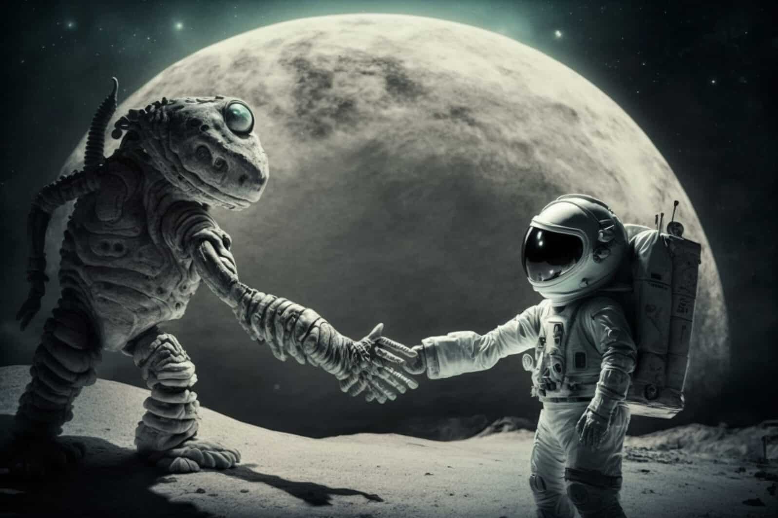 A Friendly Encounter Between Human and Alien with a welcoming hand shake. First Contact between humans and aliens. Ai generated