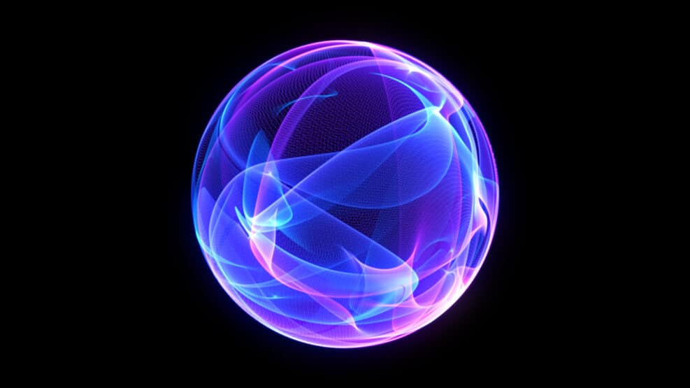 Blue and purple neon 3d sphere of gradient waves and glowing particles. Abstract technology concept, Artificial Intelligence, engineering, big data, and innovations. Vibrant futuristic sphere.