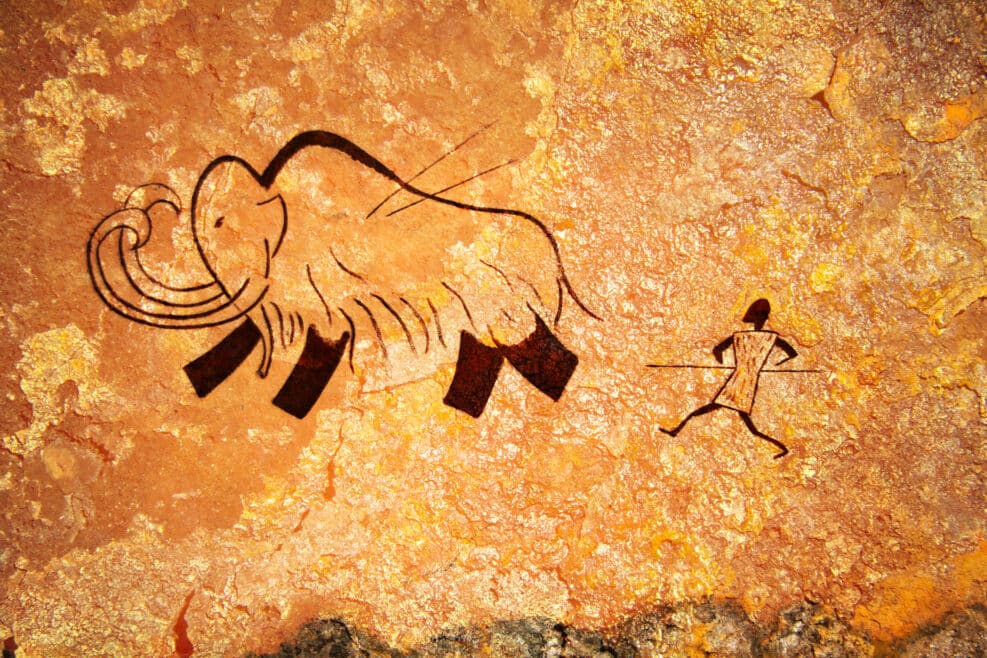Cave painting of primitive hunt