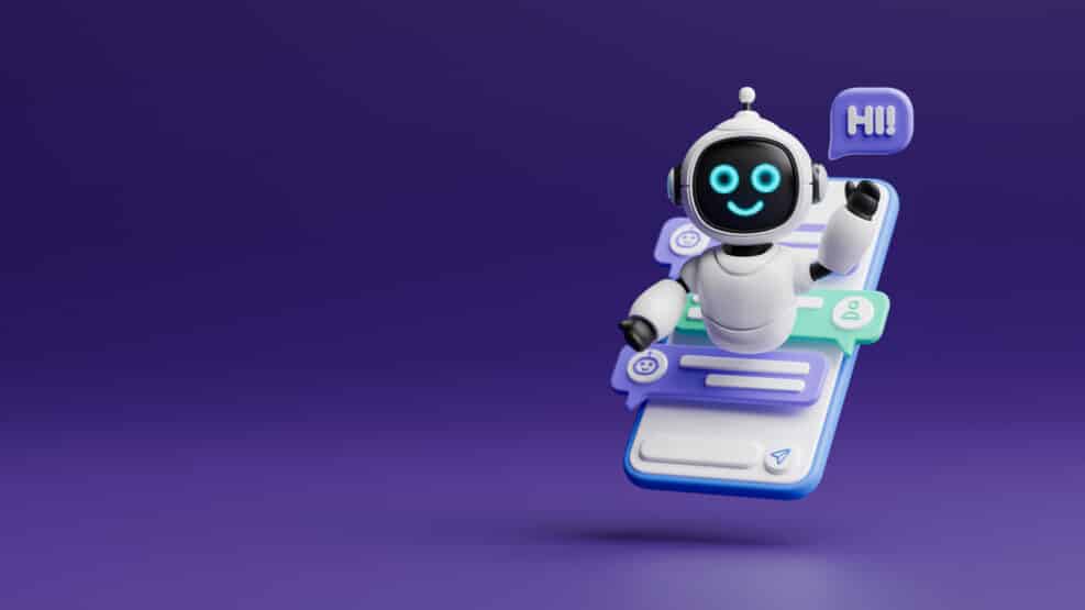 Chatbot AI Artificial Intelligence technology virtual conversation assistant support mobile smart phone online application chatting with customer service automatic answering. 3d rendering.