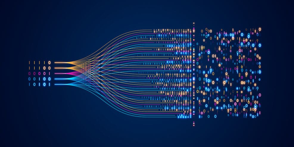Data-driven AI and analytics concept with neural networks, machine learning, and big data stream. Illustrate data flow technology and science for predictive systems, ideal for innovation and business.