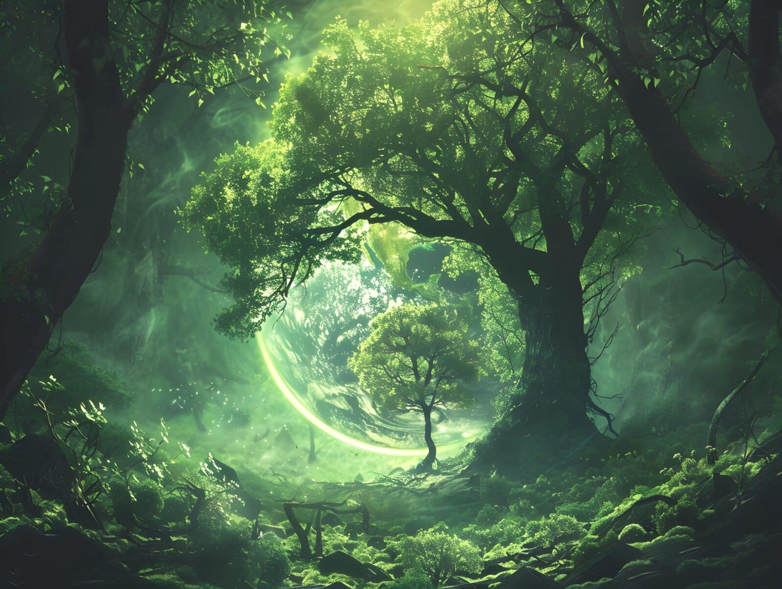 Emerald Globe Thriving Tree at Earths Core Symbolizing Interconnected Nature and Humanity in an