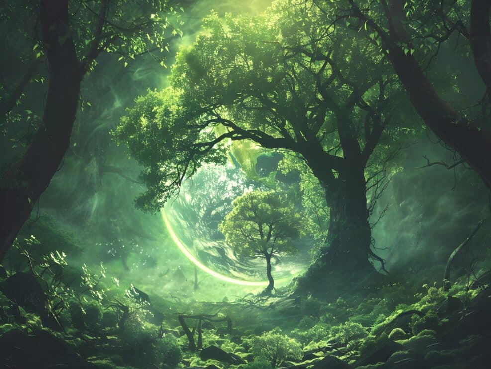 Emerald Globe Thriving Tree at Earths Core Symbolizing Interconnected Nature and Humanity in an