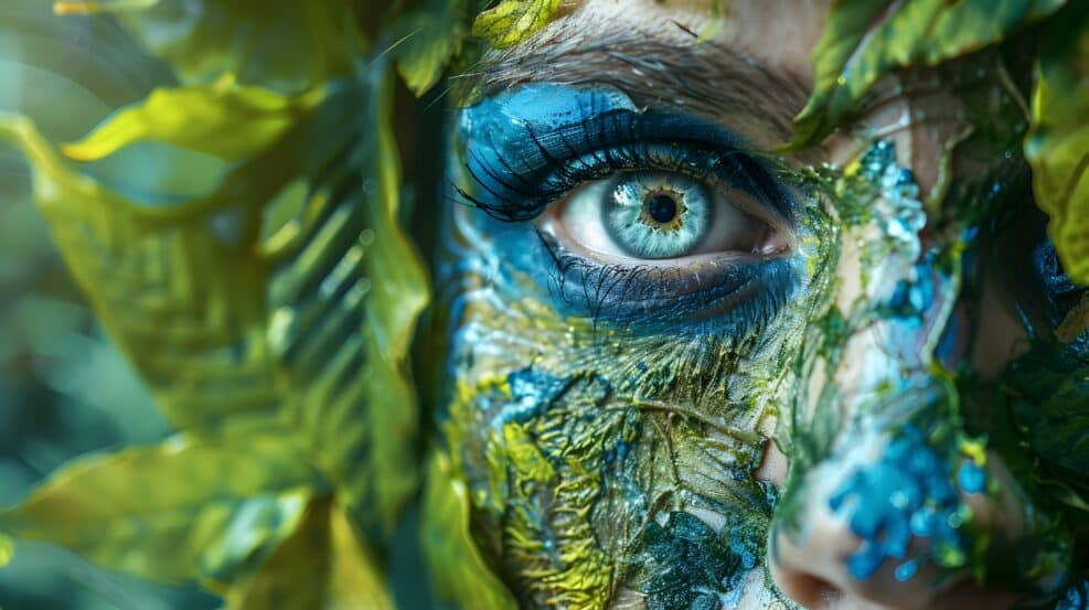 Ethereal Gaia Goddess Portrait Amidst Lush Foliage