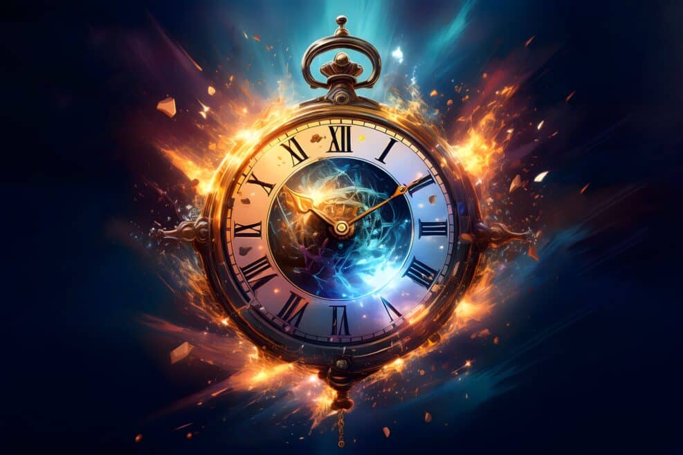 Exploding clock in space futuristic image - time running out concept - AI generated