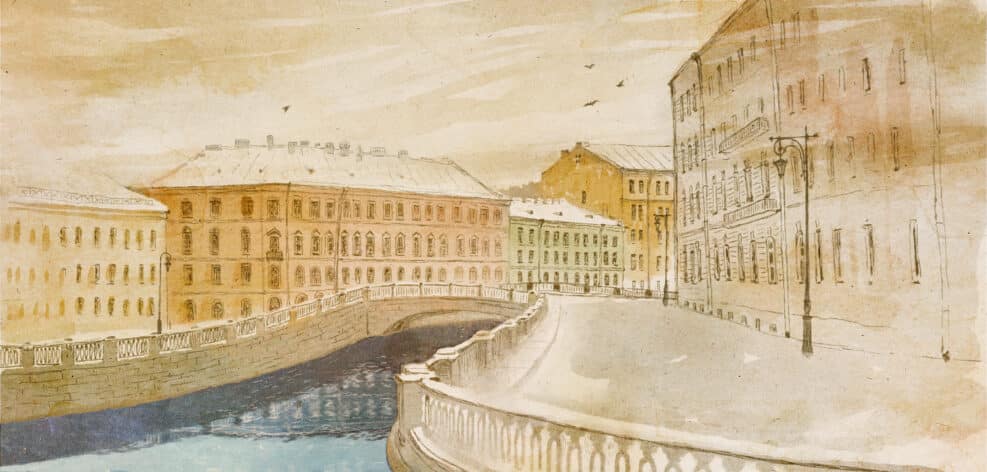 Hand drawn sketch of Saint-Petersburg with watercolor. Old city landscape