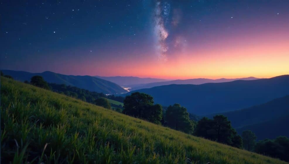 Hills roll gently towards horizon in soft focus under starry sky, natural, hillside, evening