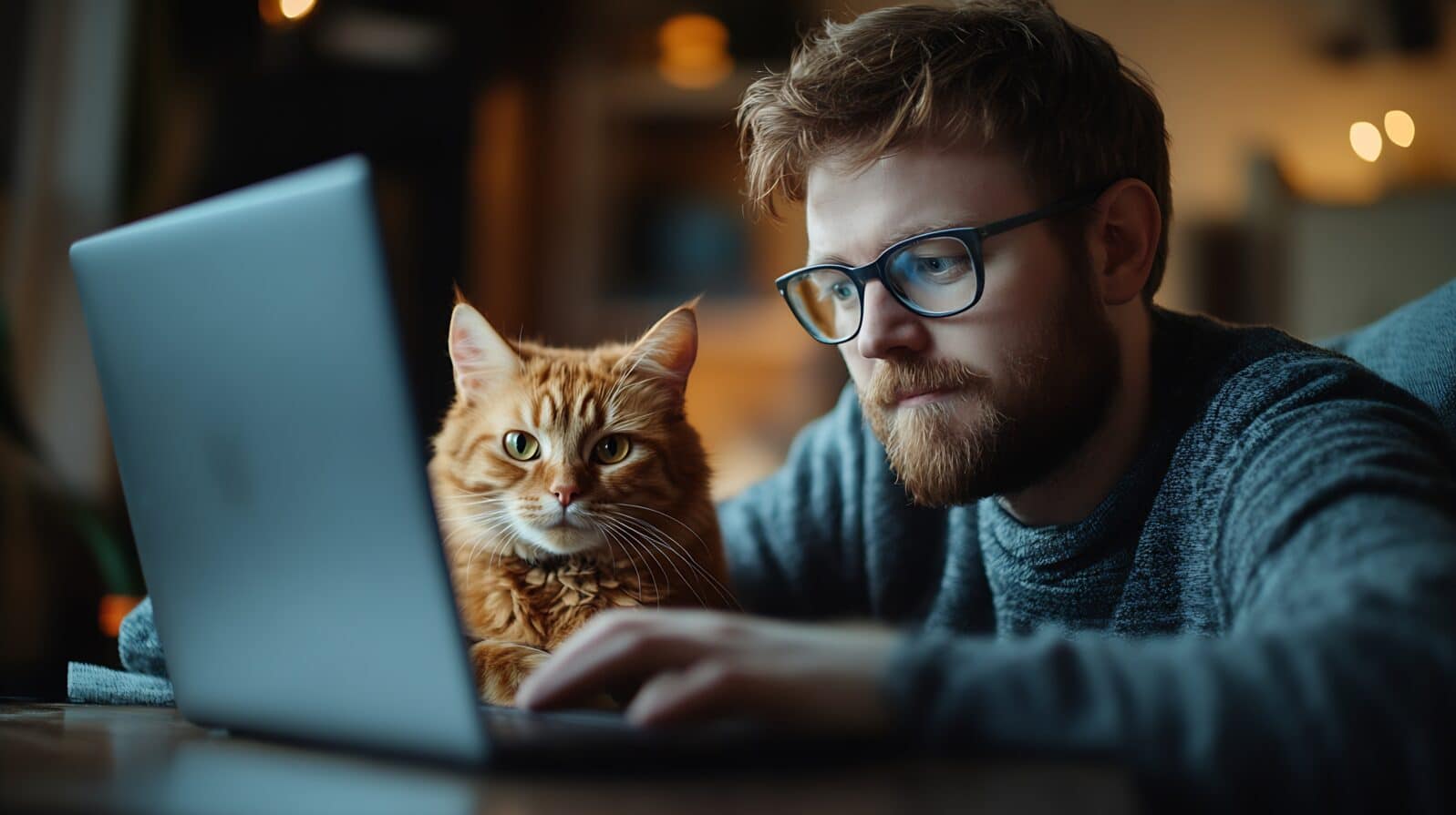 Man working online from home with pet using laptop Ginger cat looks at screen interested in computer Interrupting while working on internet : Generative AI