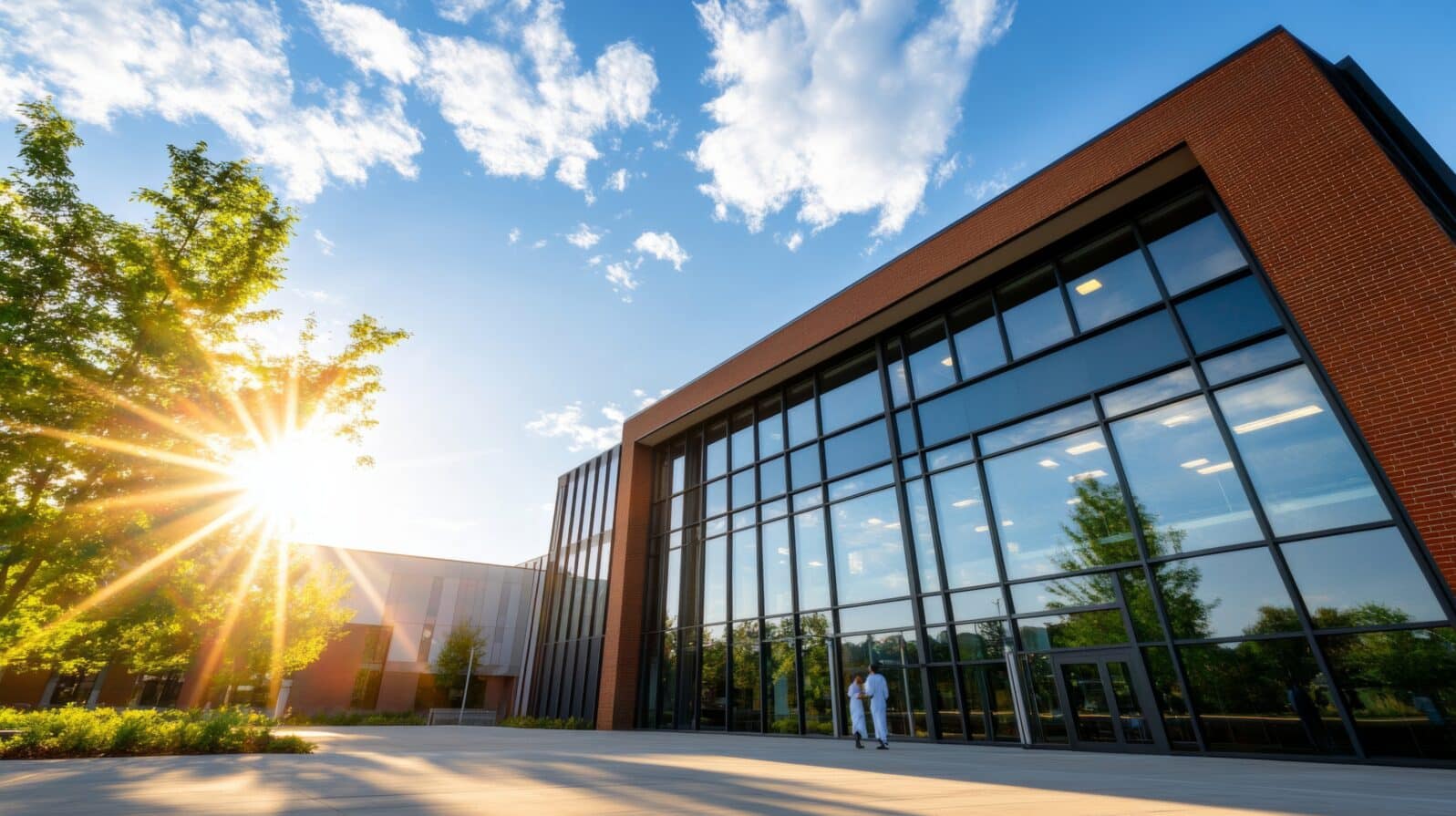 Wide angle shot of a campus science building with futuristic design, students in lab coats walking in and out, energetic vibe