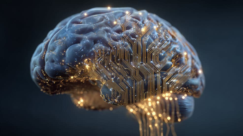 3D render of AI brain merging biological neurons with golden circuit board. BCI, machine learning, or futuristic technology concept. Abstract dark background with glowing connections.