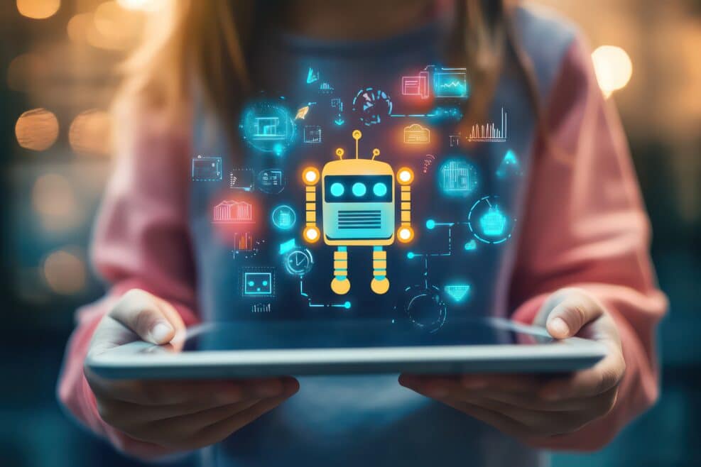 A child holding a tablet with a chatbot interface on the screen, showing colorful icons and a cheerful robot character.
