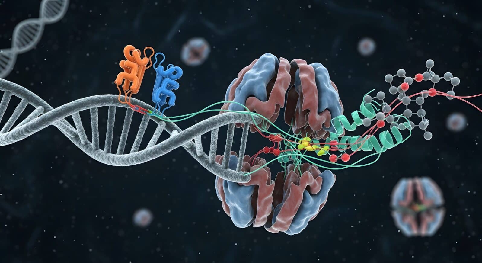 A detailed digital illustration showcasing the interaction between DNA molecules and a complex molecular machine within a biological environment