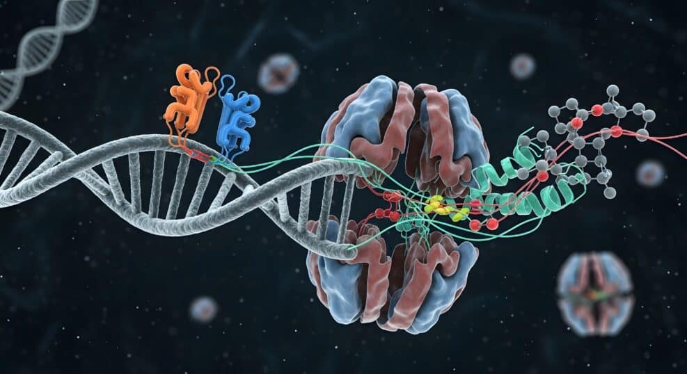 A detailed digital illustration showcasing the interaction between DNA molecules and a complex molecular machine within a biological environment