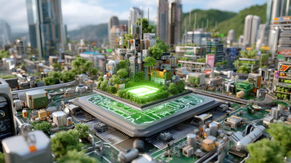 A futuristic eco-city with verdant vegetation and a glowing green energy source situated atop a giant computer chip in a detailed urban landscape vision.